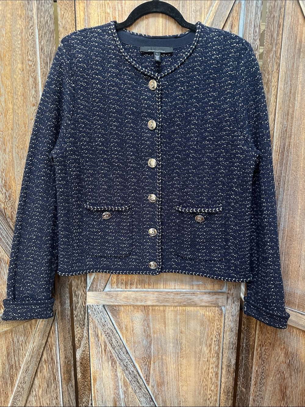 Classic Navy Tweed Button-Front Women's Sweater